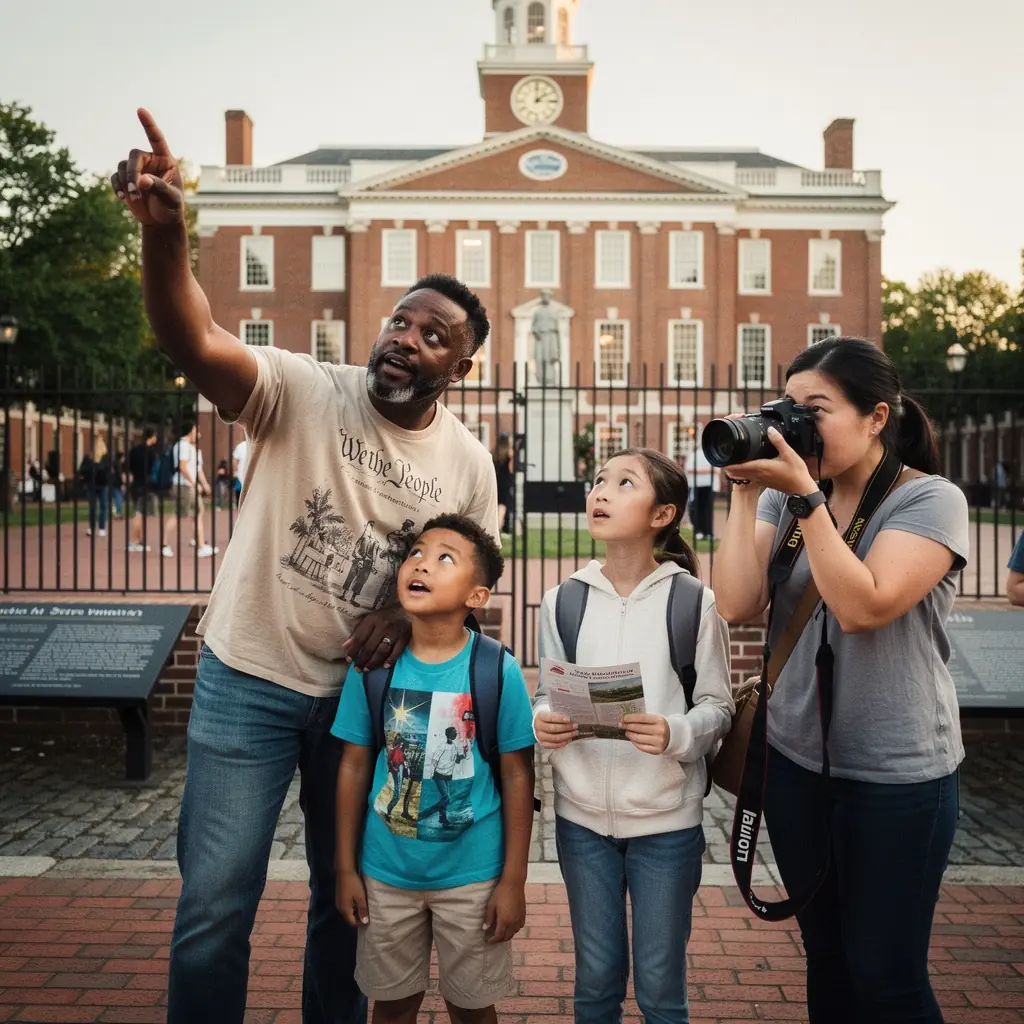 Rodzina planująca trasę podróży z mapą i poradnikiem turystycznym.