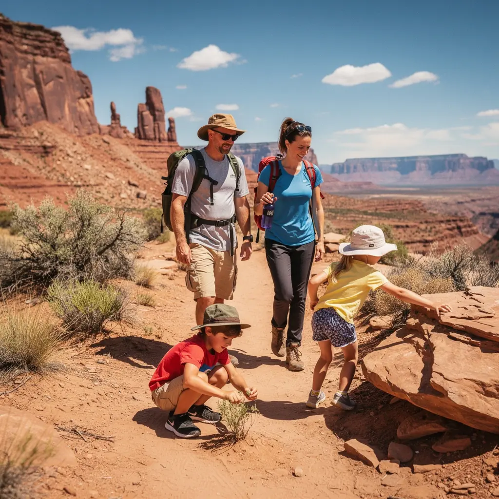 Rodzina ciesząca się wspólnym piknikiem w parku podczas podróży.